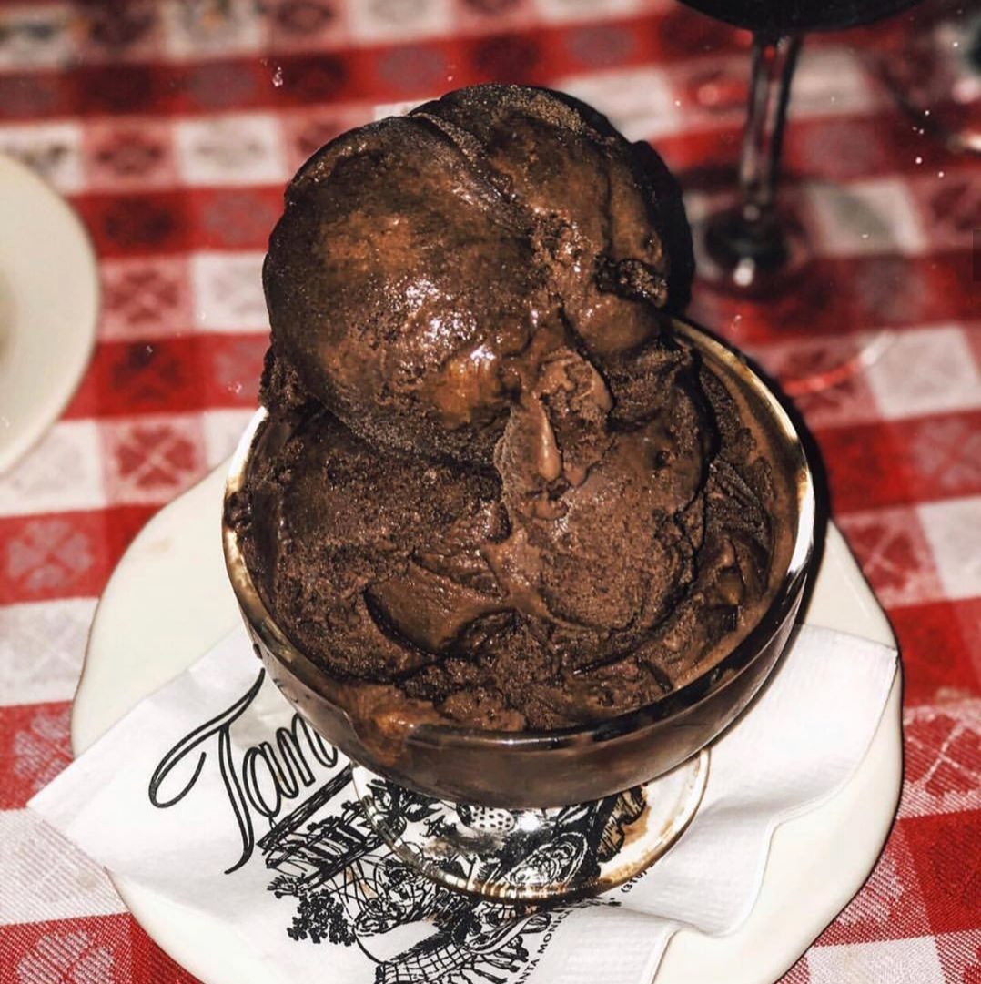 A bowl of chocolate ice cream on a table at Dan Tana's.